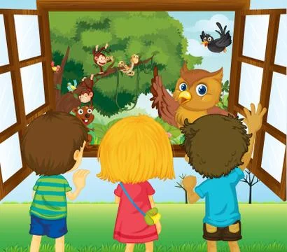 Three kids watching the different animals in the forest Stock Illustration
