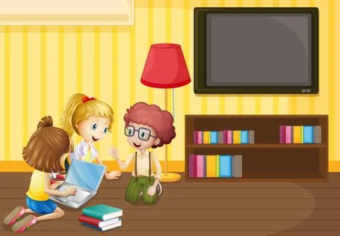 Three kids working on computer at home Illustrazione stock