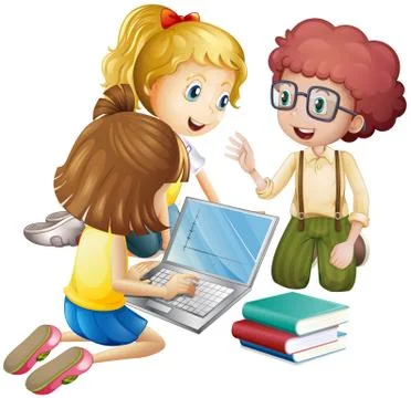 Three kids working on computer Illustrazione stock