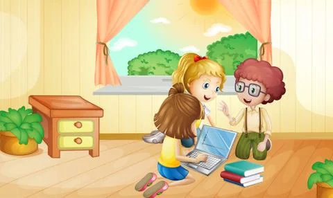 Three kids working on computer in room Illustrazione stock
