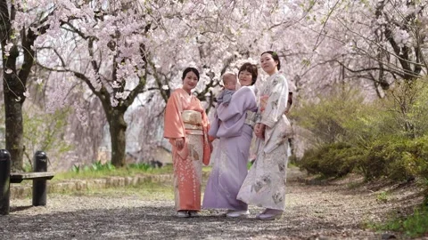 Three Kimono-Clad Adults with Infant on Blossom Path Stockbeeldmateriaal 344862979