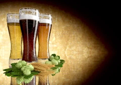 Three kinds of beer, barley, hops - 3D render Stock Illustration