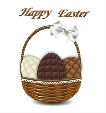 Three kinds of chocolate Easter eggs in a wicker basket with a b Stock Illustration