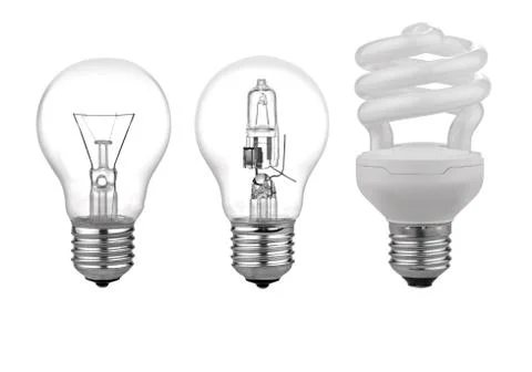 Three kinds of light bulbs with reflection isolated on white bac Stock Photos