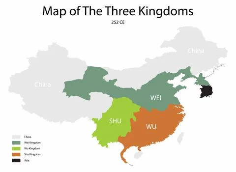The Three Kingdoms from 220 to 280 AD was the tripartite division of China among Stock Illustration