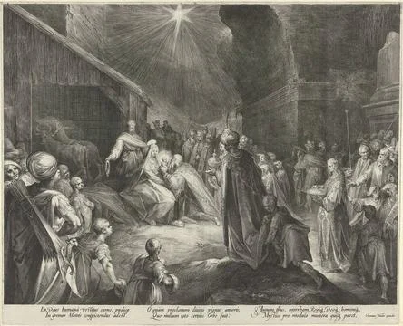 . The three kings and their effect worship the Christ child. A king kneels... Stock Photos