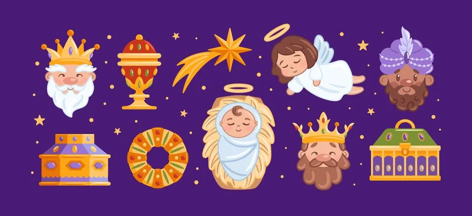 Three Kings Day scene three kings with gifts and a baby Jesus beside a Bethlehem Stock Illustration