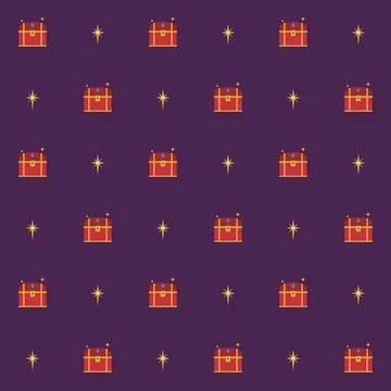 Three Kings Day seamless pattern with red treasure chests and golden stars on Stock Illustration