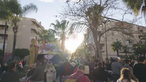 Three Kings Parade Float with Crowds During Epiphany Celebration in Spain - Stock Footage 327510530