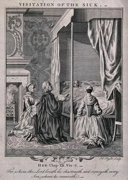 Three kneeling figures pray for a sick man. Etching by James Taylor, 17--. Stock Illustration