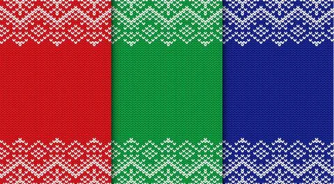 Three knitted christmas backgrounds. Set three colors seamless geometric orna Illustrazione stock