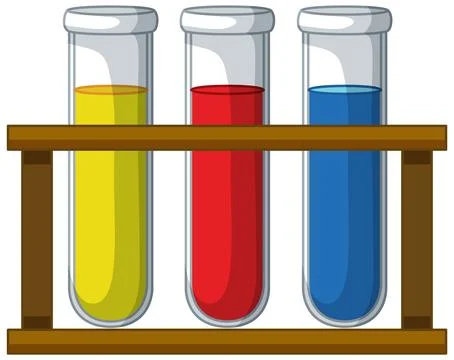 Three Laboratory Test Tubes with Colorful Liquid in a Wooden Rack Illustrazione stock
