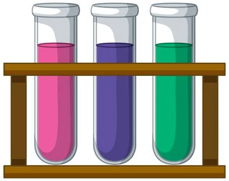 Three Laboratory Test Tubes with Colorful Liquid in a Wooden Rack Illustrazione stock