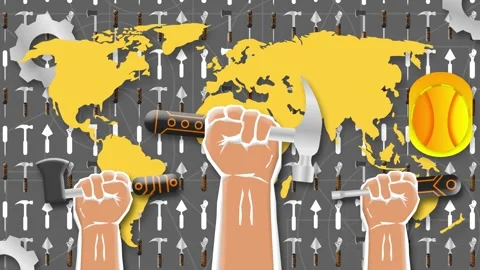 Three labour tools holding hand on world map Vidéo 273247865