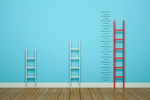 Three ladders are measuring among red ladder Stock Illustration