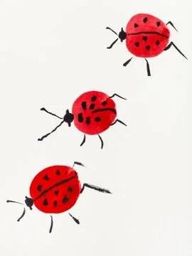 Three ladybugs drawn by red and black watercolors Stock Illustration
