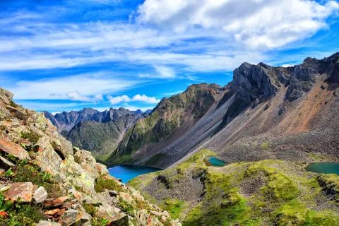 Three lakes of glacial origin in upper valley Stock Photos