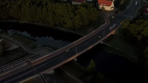 Three Lane Bridge Above a Calm River in the Morning Stock Footage 138519618