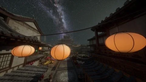 Three lanterns hanging from a line in front of a night sky Stock Illustration