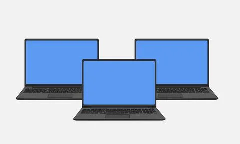 Three laptops with blank empty blue screen. Stock Illustration