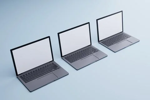 Three laptops, blank screens, studio, minimal background, website mockup Stock Illustration