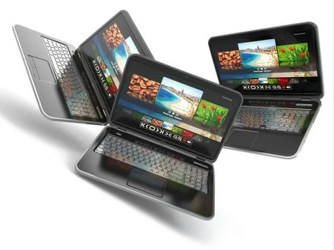 Three laptops with on white isolated background. Stock Illustration