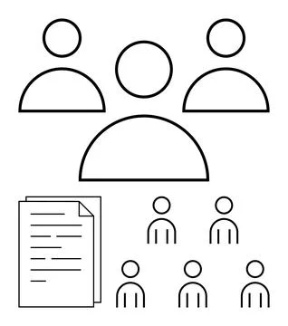 Three large and six small outlined figures, a stack of documents. Ideal for t Illustrazione stock