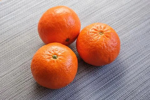 Three large orange tangerines on the table. Popular citrus fruits Stock Photos