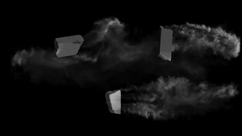 Three large pieces of concrete fly leaving trail of dust, with alpha mask Stock Footage