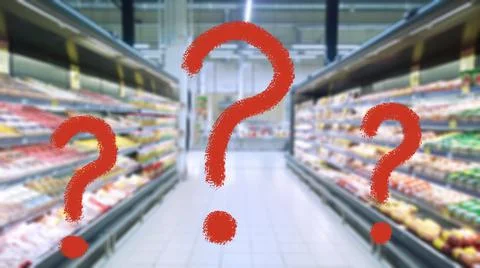 Three large red question mark on abstract blur image of supermarket Stock Photos