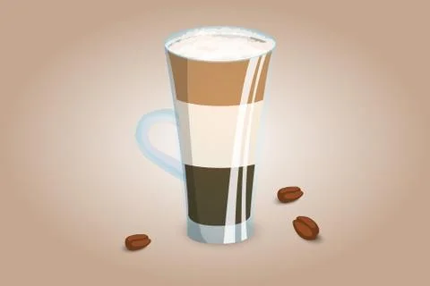 Three layer coffee drink in a transparent cup with milk foam.  Stock Illustration
