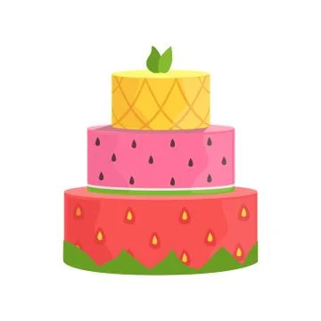 Three Layered Cake With Strawberry, Watermelon And Pineapple Decorated Big Stock Illustration
