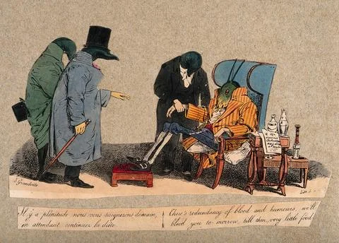 Three leeches in the role of physicians attend a grasshopper in the role of.. Stock Illustration
