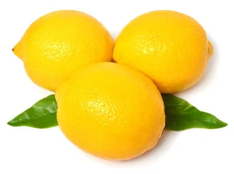 Three lemon with leaves isolated on white background Stock Photos