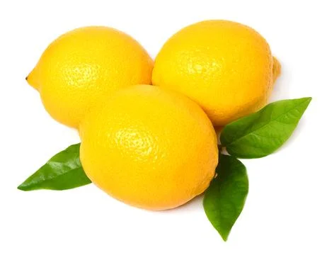 Three lemon with leaves isolated on white background Stock Photos