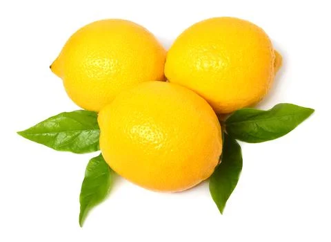 Three lemon with leaves isolated on white background Stock Photos