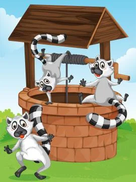Three lemurs at the man-made well Illustrazione stock