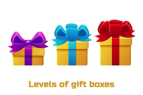 Three levels of gift box sizes with bows for graphic design. Stock Illustration