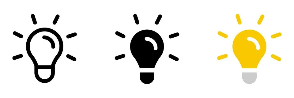 Three light bulb in outline black and solid black and yellow idea innovatio.. Stock Illustration