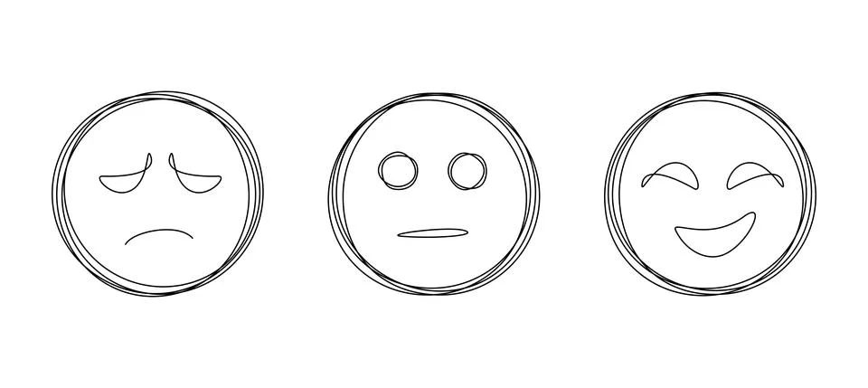 Three linear faces with emotions: smiling, neutral and angry in one continuous Stock Illustration