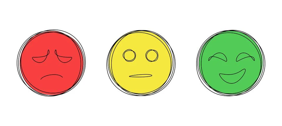 Three linear faces with emotions: smiling, neutral and angry in one continuous Stock Illustration