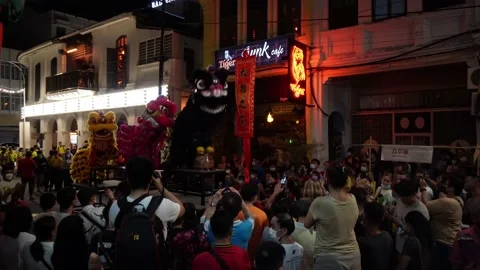 Three lion dance distribute mandarin orange to public Vídeo Stock 219601256