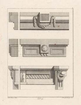 Three lists and side views; Cornices and picture frames. Designs and side ... Foto stock