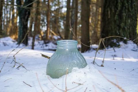 A three-liter jar, in the middle of the forest, in winter. Stock Photos