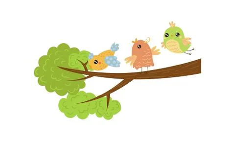 Three little birds on tree branch. Spring season. Lovely creatures. Flat vector Stock Illustration