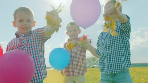 Three little boys smiling with colour balloons and flowers Stock Footage 79217891