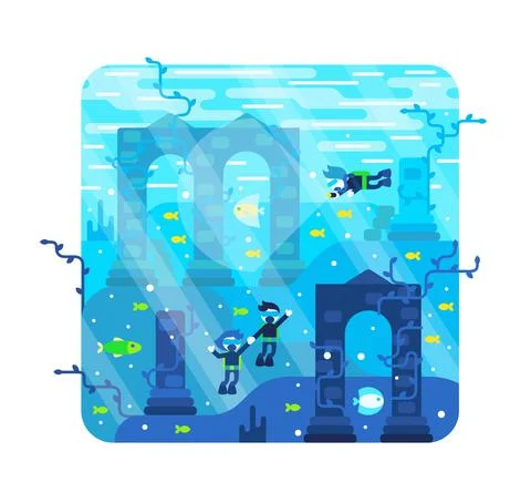 Three little divers explore the ancient sunken city Stock Illustration