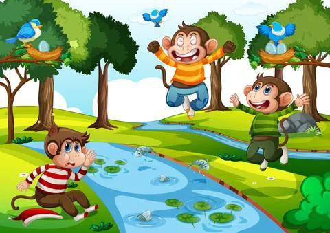 Three little monkeys jumping in the park scene Stock Illustration