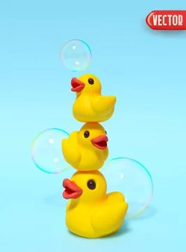 Three little yellow rubber ducks stand on top of each other with flying soap  Stock Illustration