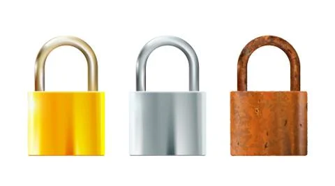 Three Locks set realistic Padlocks metal, gold and rusty. Closed lock icon Stock Illustration